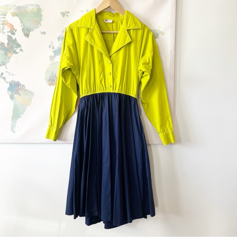 VTG Bonnie Strauss A-Line Pin-Up Retro Dress Size 4 Chartreuse Navy Blue Cotton